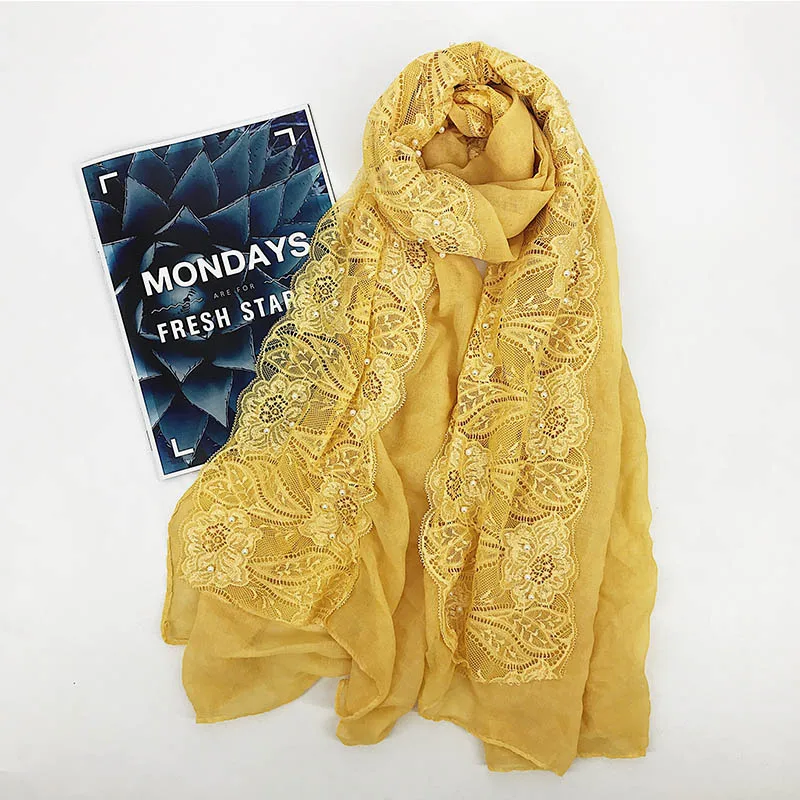 4 Lace floral hijab scarf plain beads cotton headband scarves wraps shawls hijab spring muslim scarf 180*80cm - Цвет: 4