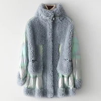 new style haze blue wool coat women winter warm turtleneck spliced windproof cashmere jackets elegant korean female outwear