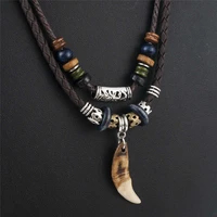 fashion mens wolf tooth punk pendant beaded multilayer leather rope necklace jewelry