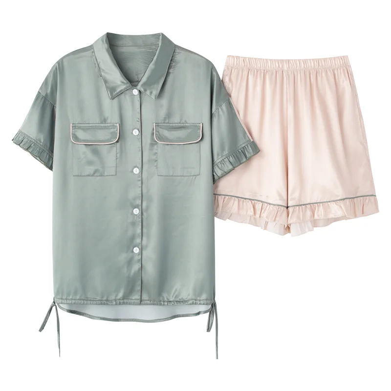 Satin Cartoon Print Cute Pajamas Women Sleepwear Summer Shorts Nice Pyjamas Lovely Pyjama Sets Femme Homewear Pajama