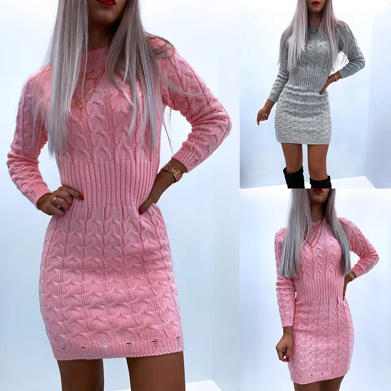 

Autumn And Winter Women's Round Neck Twist Temperament Sweater Dress Sexy Fashion Long Sleeve Party Casual Knitted Mini Dress