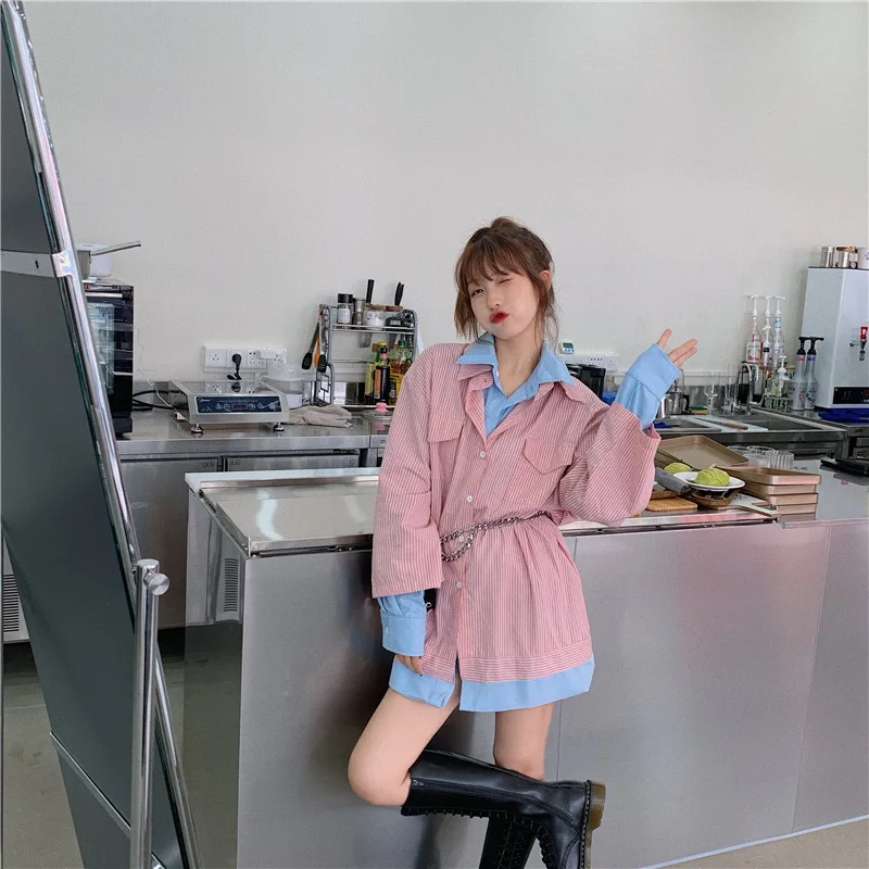 

Fake two-piece ladies shirt spring 2021 new fashion mid-length striped lapel single-breasted casual jacket