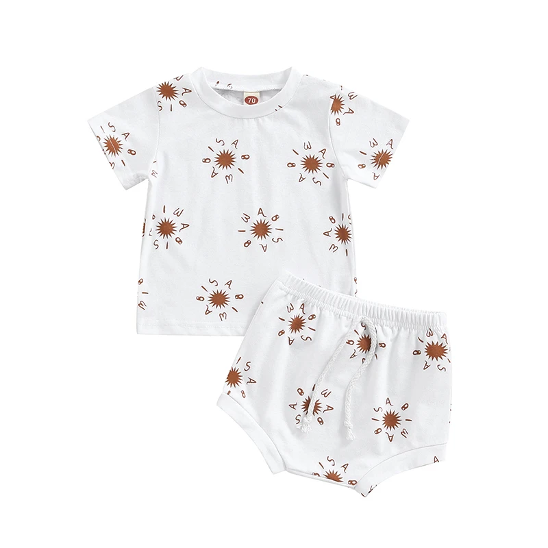 

Летний комплект для малышей из 2 предметов, футболка с круглым вырезом и короткими рукавами с солнцезащитным принтом и эластичные шорты для ...