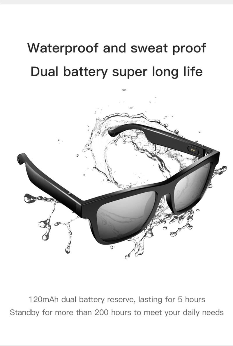 구매 E10 스마트 오디오 선글라스 BT5.0, 무선 음악 헤드셋, UV 보호 안경, 오디오 안경, 핸즈프리, 남성용 마이크 포함, 운전용