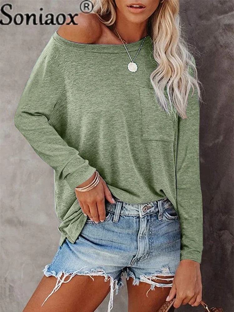 

Solid Color Basic T Shirt Womens Long Sleeve Casual Pocket T-Shirts New Autumn Loose Oversized Tops Side Splited Ladies Clothing