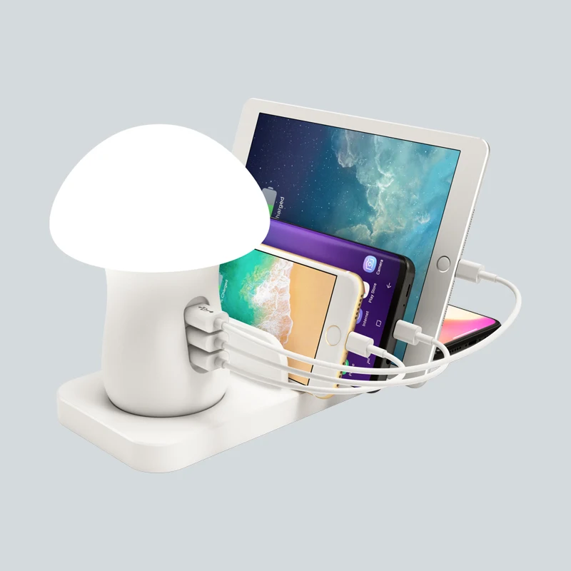 

Multi Charging Dock 3 USB Port QC3.0 Charging Station With Mushroom Light Fast Charging Dock Hub Mobile Phone Charger Stand