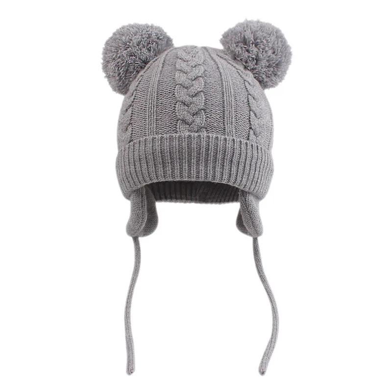 Solid Baby Earflap Hat Thicken Warm Toddler Kids Boys Girls Beanie Cap Infant Polyester Winter Pompom with Chinstrap Stay On | Детская
