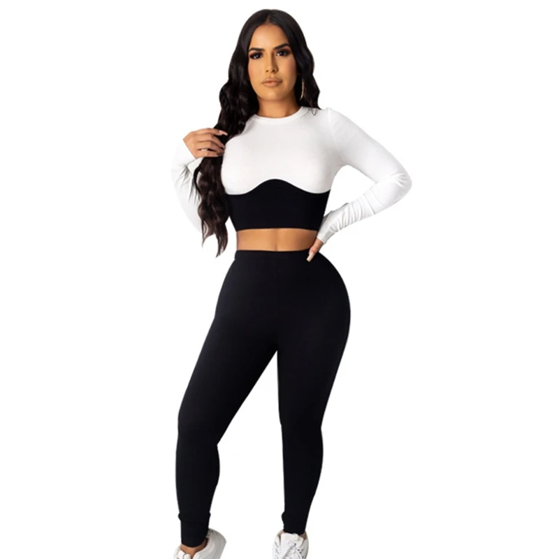 

Women Plus Size 2 Piece Bodycon Sport Outfits Long Sleeve O-Neck Color Block Crop Top High Waist Leggings Ribbed Workout Tracks