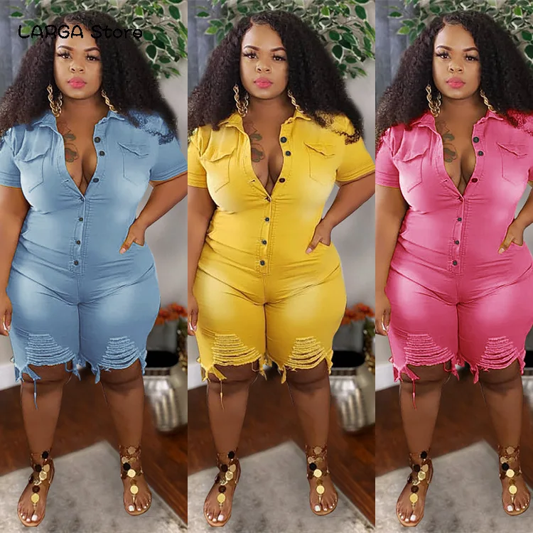 

2021 Spring Summer Women Streetwear Denim Jumpsuits Plus Size New Turn-down Collar Single-Breasted Short Sleeve Skinny Rompers