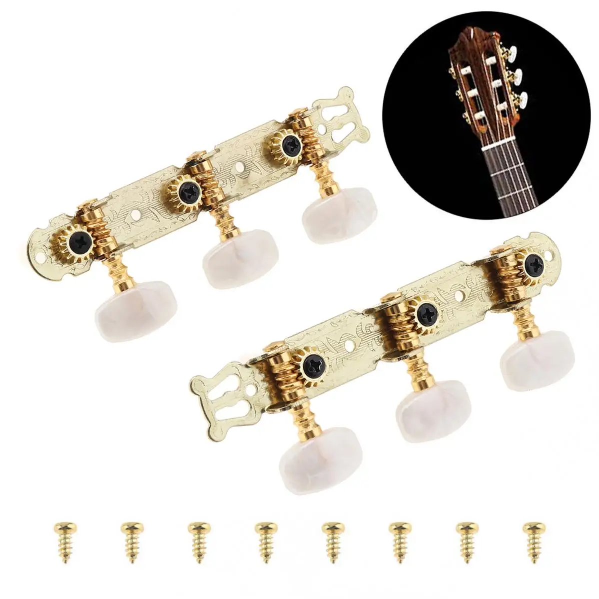 

1 pair Gold Plated Classical Folk Guitar Tuning Pegs with Simulation Pearl Semicircle Buttons Machine Heads
