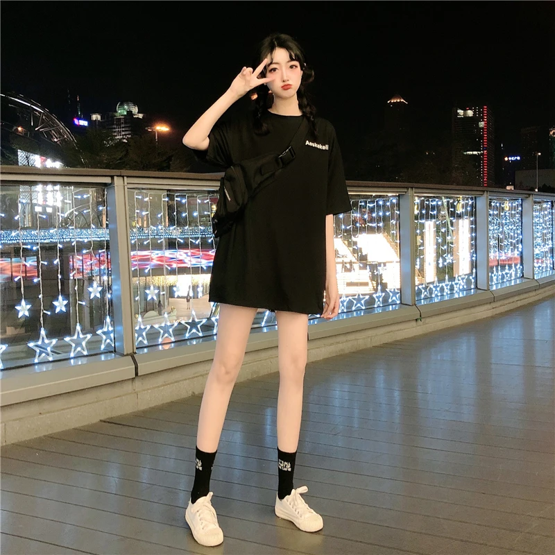 

Футболка в Корейском стиле, свободная черная футболка с коротким рукавом, средней длины, с надписью, в стиле Харадзюку, большие размеры, весн...