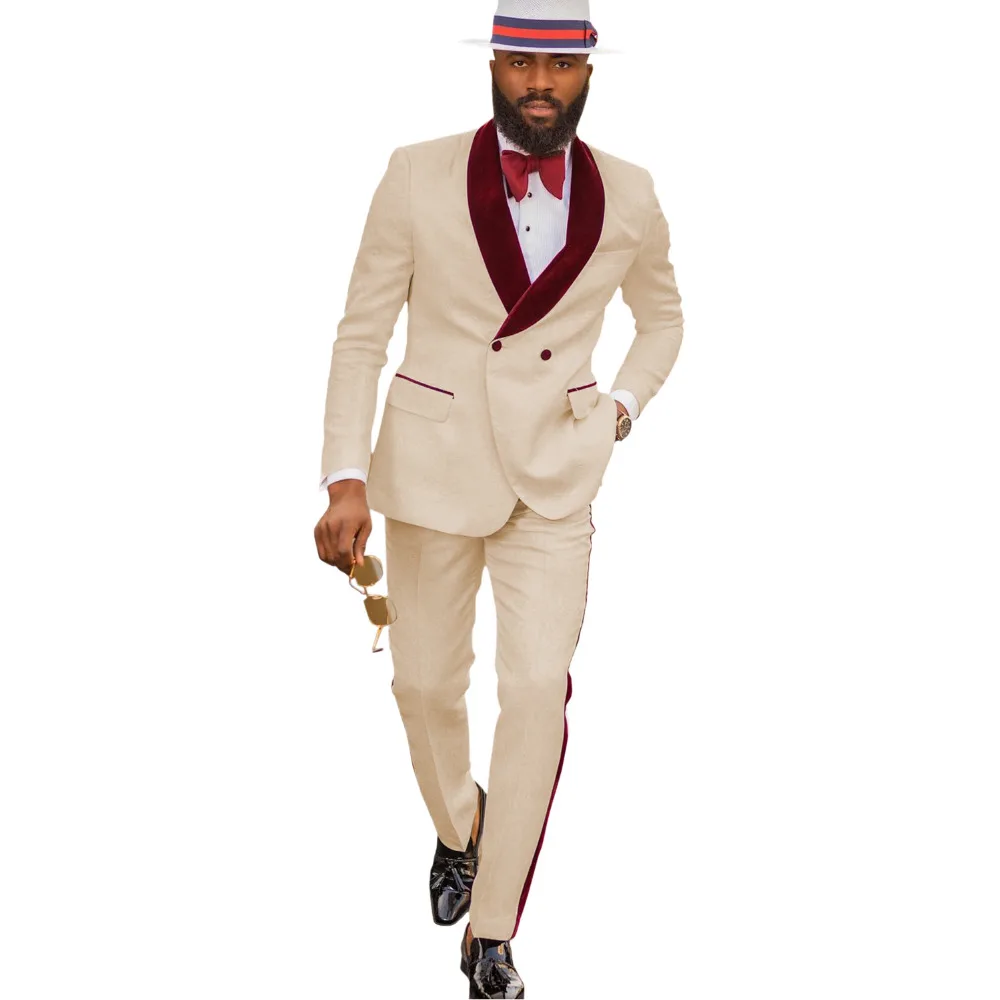 

Groomsmen Beige Pattern Groom Tuxedos Shawl Dark Red Velvet Lapel Men Suits 2 Pieces Wedding ( Jacket + Pants + Tie ) D208