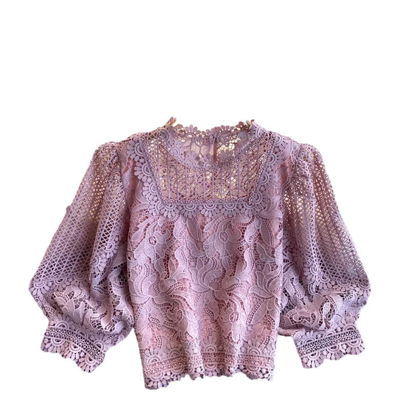 

2021 Temperament Fashion New Spring French Hollow Blouse Female Lace Round Neck Puff Sleeve Blusa All-match Short Shirt