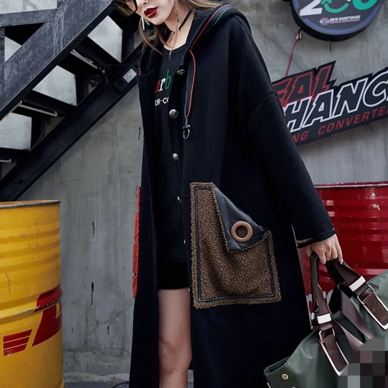 

Осеннее Новое теплое толстое пальто с капюшоном и широкой талией, женское модное однобортное длинное пальто-ветровка с карманами черного ц...