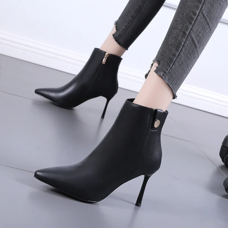 

Women Autumn Winter New Ankle Boots Women Comfortable Sexy Pointed Toe Zipper Thin High Heels Pumps High-heel Boots Shoes Mujer