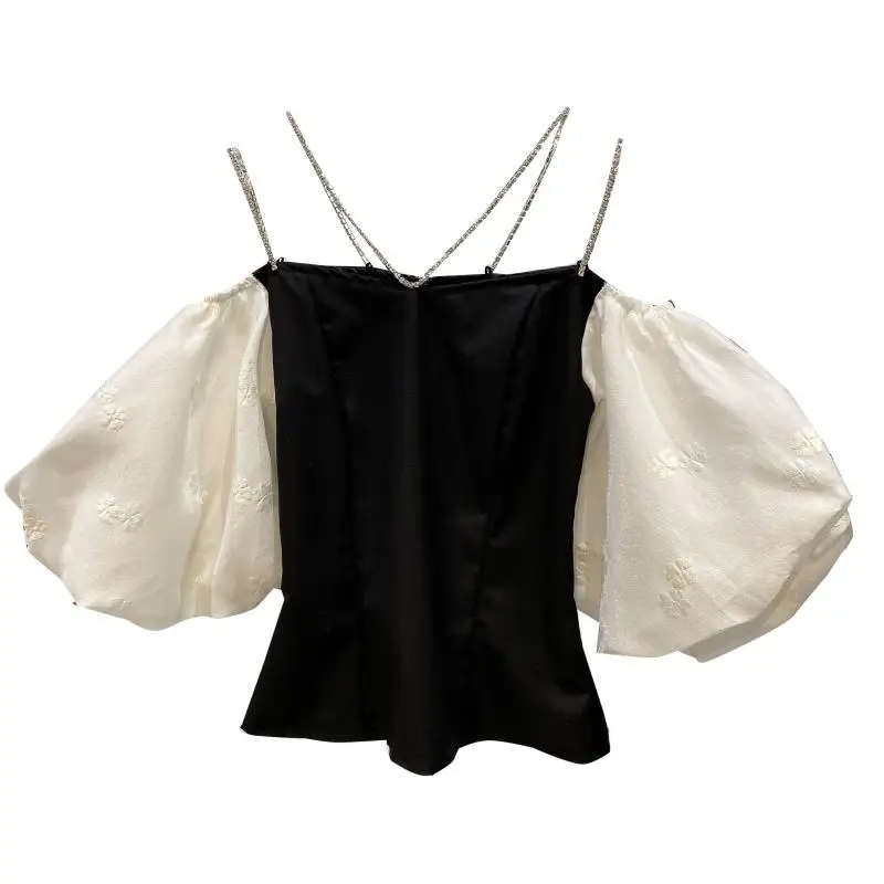 

Geomantic Drill Shoulder Belt Waist Blouse Women 2021 Summer New Small Fragrant Closed Bra Bubble Sleeve Shirt