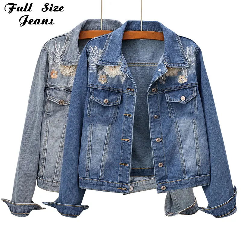

Plus Size Women 3D Floral Embroidery Pearl Bead Short Denim Coat 4XL 5XL Female Slim Fit Beading Bomber Jean Jacket Tops Outwear