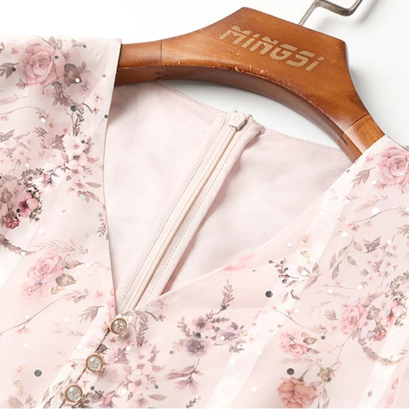 

Pink Chiffon Women Dress Summer Slim Short Sleeve A-Line V Neck Party Dresses Sweet Pleat High Waits Casual Female Dress 2021