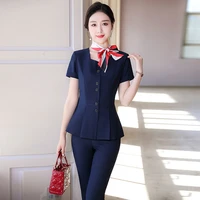 summer short sleeve formal uniform designs pantsuits for women business work wear with scarf ladies office professional blazers