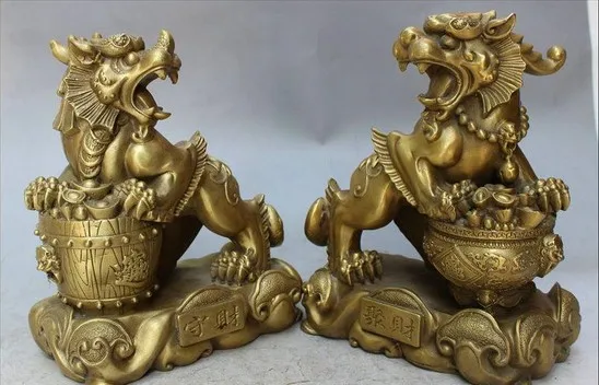 YM 311 9&quot Chinese Brass Dragon Kylin Unicorn PiXiu Zhao Cai Treasure Bowl Statue Pair | Дом и сад