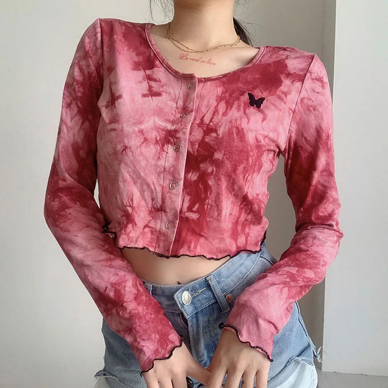 

New Ladies T-shirt Short Korean Top Casual Sexy Navel Wave Side Embroidery Long Sleeve Button Cardigan Tie-Dye Graphic T-shirt