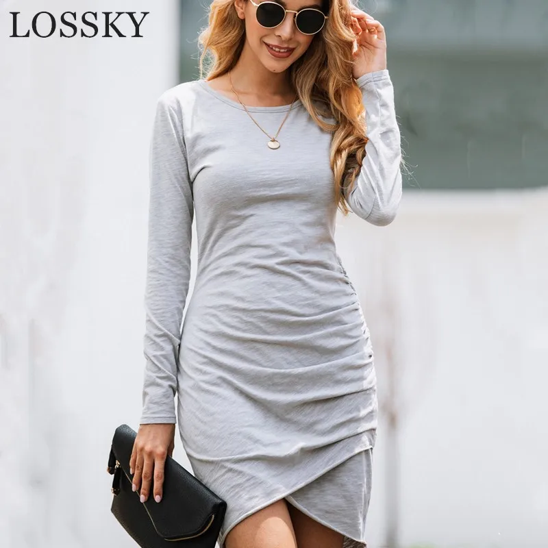 

Women Autumn Winter Clothing Mini Slim Dress Sexy Basic Long Sleeve Bodycon Solid Tunic Clubwear Party Bandage Tshirt Dress 2019