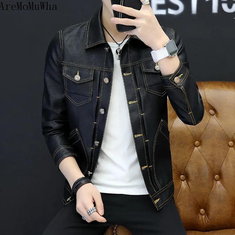 Осенняя новая стильная повседневная короткая мужская Кожаная Мотоциклетная