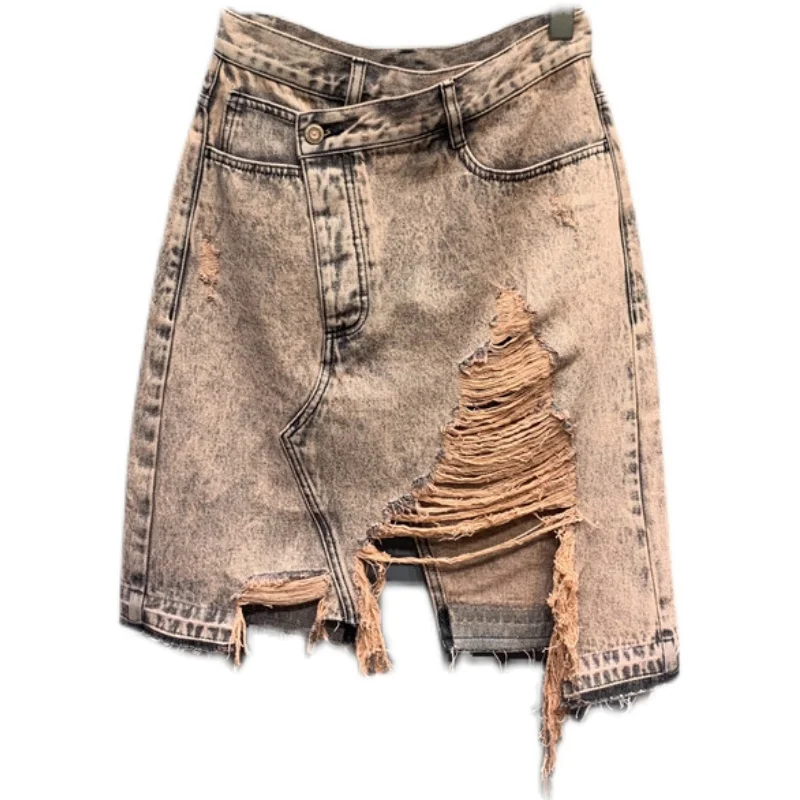 

Retro High Waist Ripped Denim Skirt for Women 2021 Spring Summer New Slit Tassel Irregular Buckle A- Line Jeans Skirt Female