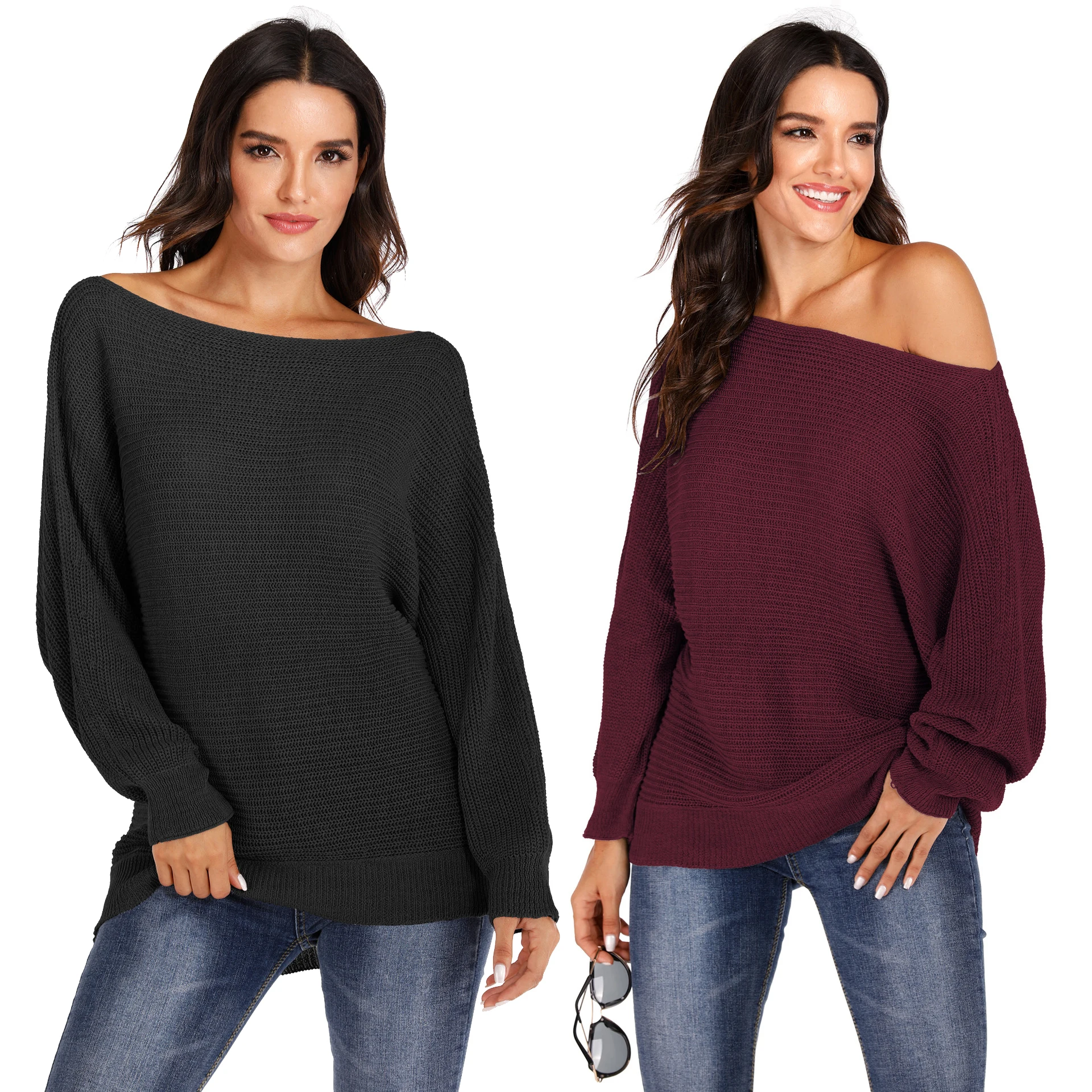 Женский вязаный пуловер PGSD однотонный с рукавами летучая мышь вырезом лодочкой