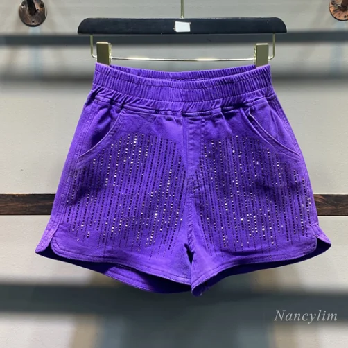 

Purple Heavy Embroidery Hot Drilling Elastic Waist Denim Shorts Women's Summer 2021 New Casual All-Matching Wide Leg Hot Pants