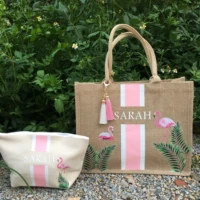 custom flamingo tote bag bachelorette gift bag burlap personalized beach tote tropical bridesmaid gift ideas beach tote bags