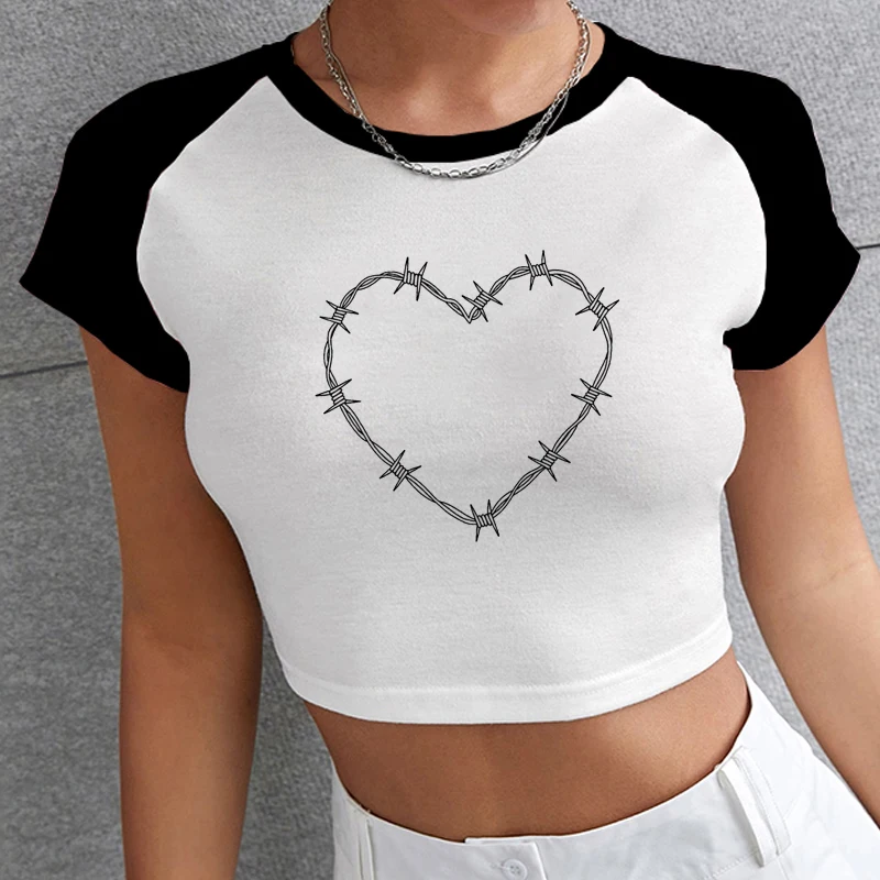 

Y2k Crop Top T Shirt Love Heart Shape Print Corset Women Summer Kawaii Streetwear Short Tshirt Female Tank Tops Short Sleeve