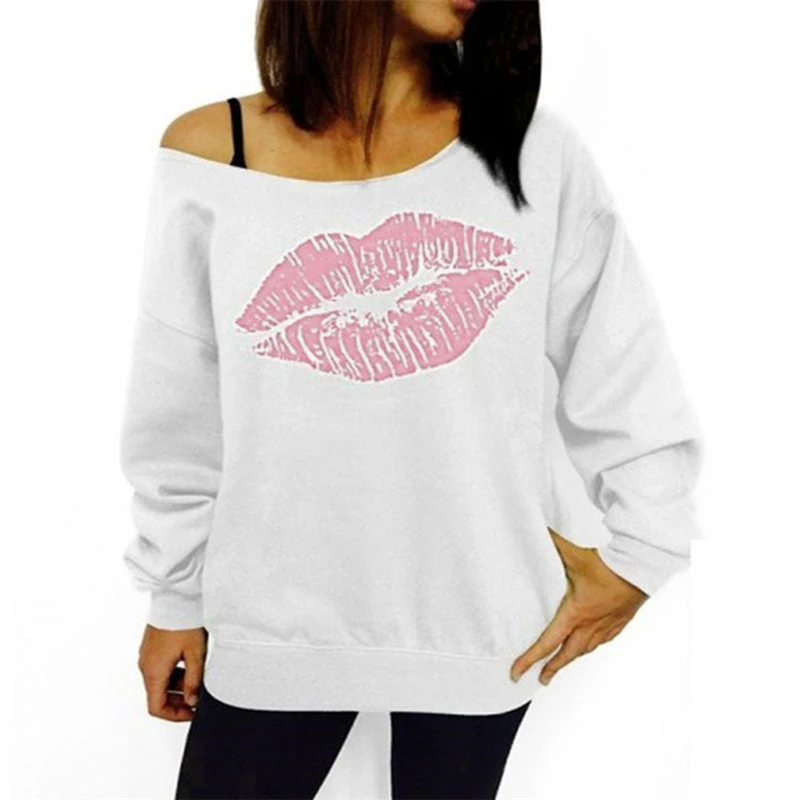 Autumn Hoodies Plus Size Women Sweatshirts Nice Red Big Lips Printed Off Shoulder Long Sleeve Harajuku Pullovers Hoodie