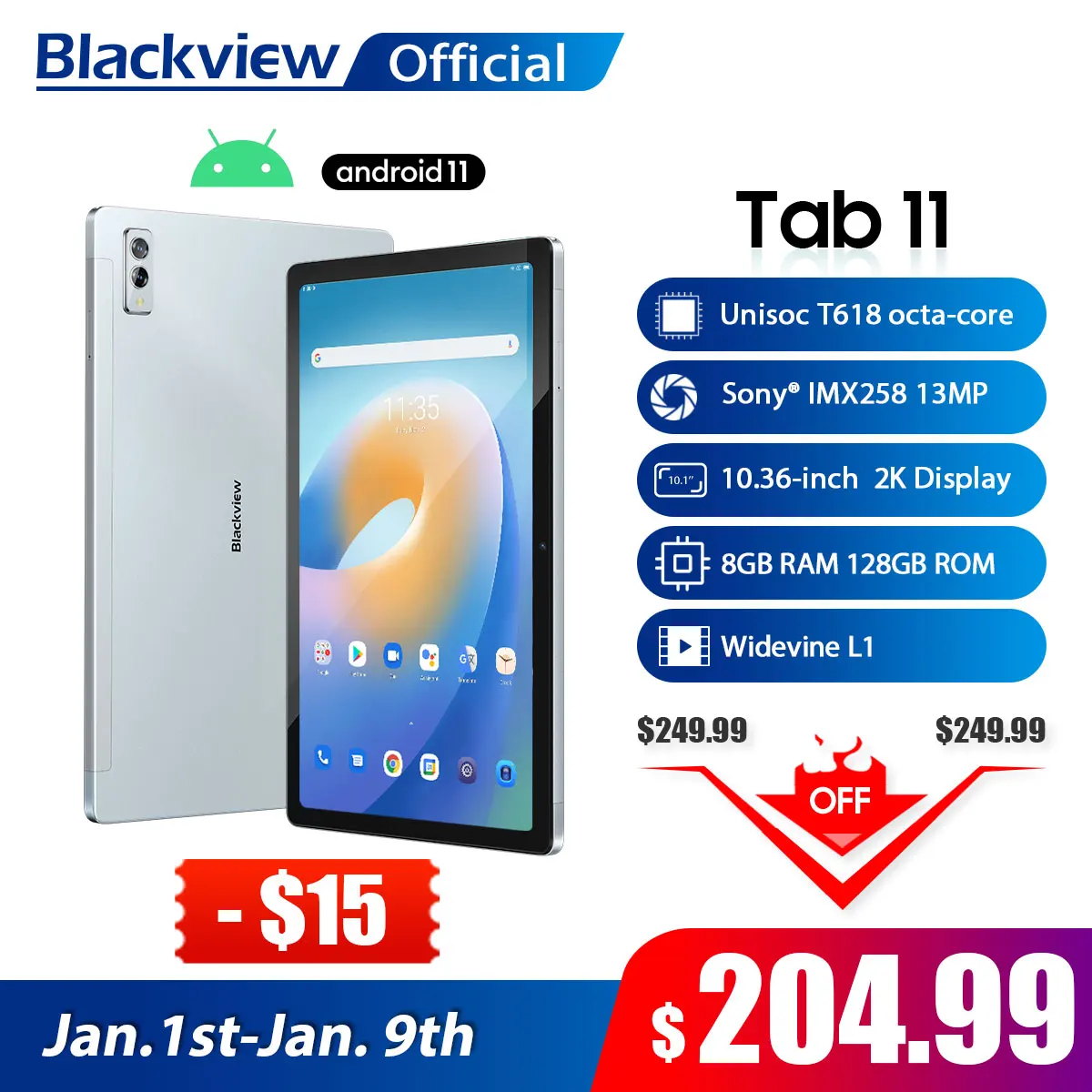 Blackview Tab 11 10.36 inch 2K Display Unisoc T618 Octa Core 2000*1200 8GB RAM 128GB ROM Android 11 Tablets PC Dual Wifi 6580mAh