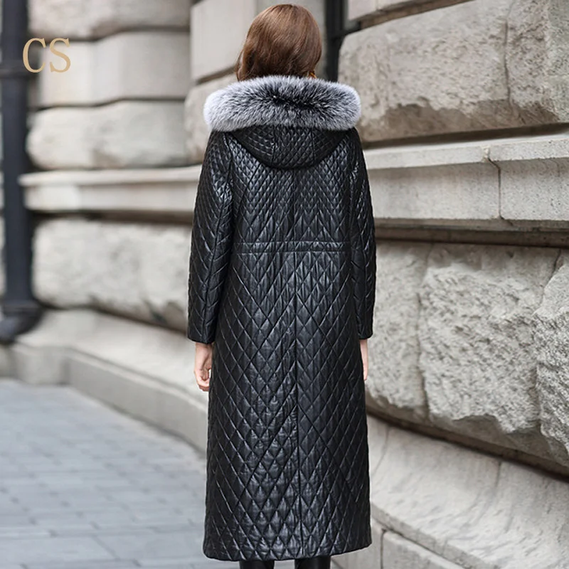 2021 genuine leather female sheepskin maxi long duck down coat jacket with fox fur hooded black oversized plus 2xl 3xl 4xl xxxxl