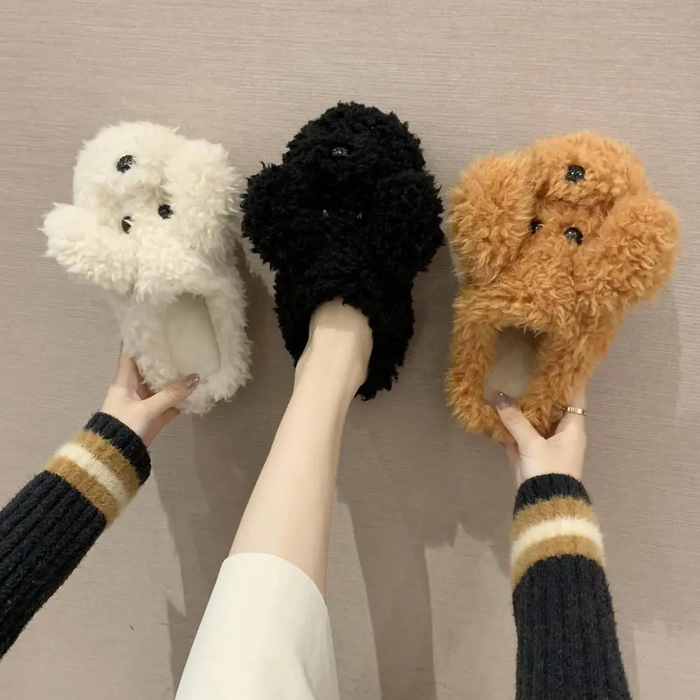 

New Cartoon Animal Winter Warm Slippers Women Solid Color Cute Furry Dog Warm Slides Flat Plush Slippers Home Cotton Slippers