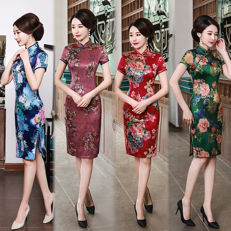 

Cheongsam Improved Version Dress Young Girl 2020 New Retro Chinese Style Long Catwalk Elegant Woman Qipao Flowers Dresses