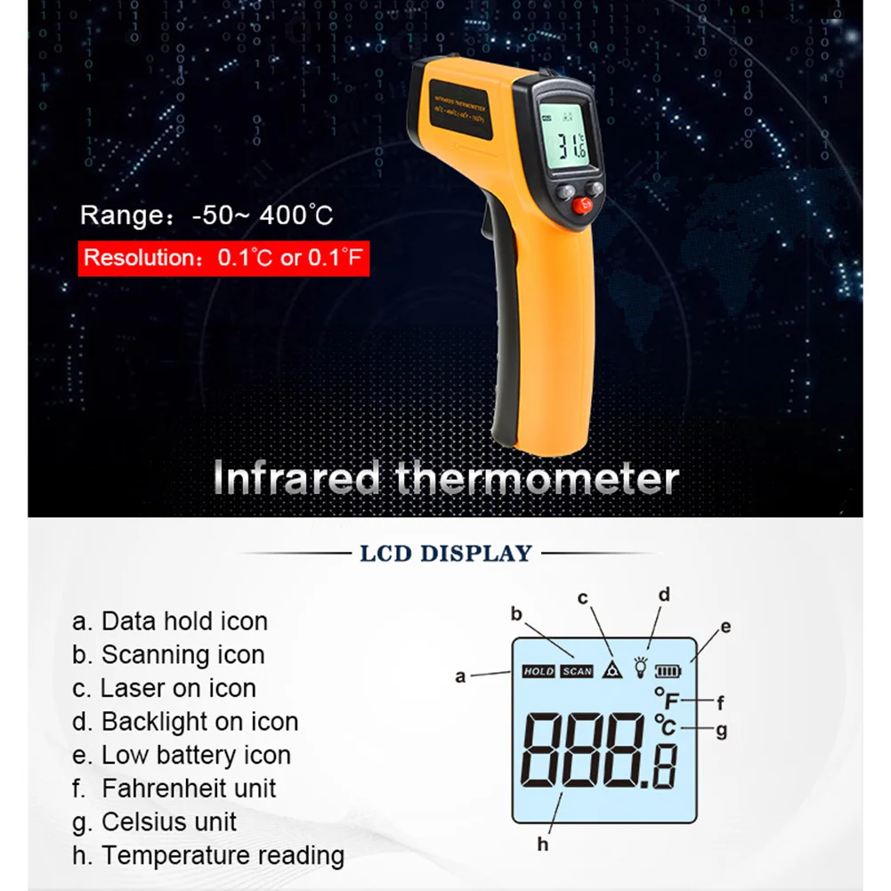  50 400 ℃ Бесконтактный цифровой инфракрасный термометр пирометр для дома