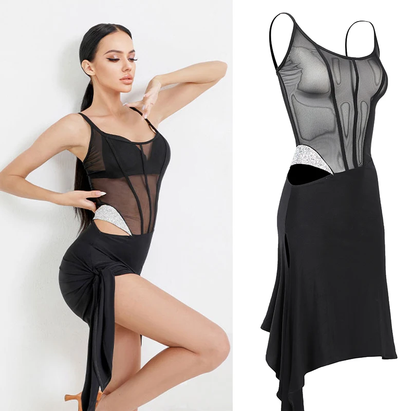 

Женское платье для латиноамериканских танцев, привлекательное Сетчатое платье для тренировок, одежда для выступлений и латиноамерикански...