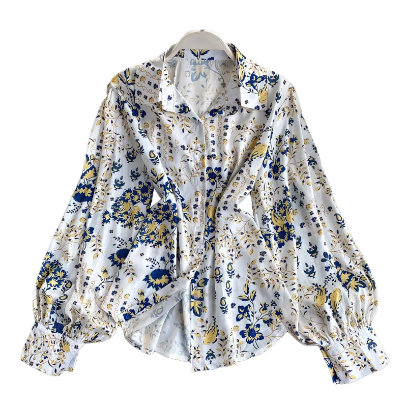 

European Style Ladies Temperament Blouse Autumn New Ladies Elegant Printed Lantern Sleeve Shirt Women Blusa Tops PL584