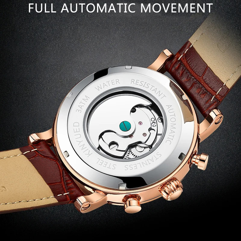 KINYUED, водонепроницаемые мужские Tourbillon часы с скелетом, лучший бренд, роскошные прозрачные механические часы с фазой Луны, спортивные мужские наручные часы