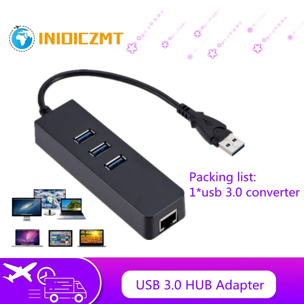

INIOICZMT WIBEOU USB3.0 to 3 Port USB3.0+RJ45 Hub 10/100/1000Mbps Gigabit Ethernet Adapter USB to RJ45 Lan Network Card for PC