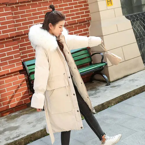 Beige Однотонные меховые плотные длинные пуховые пальто на молнии с капюшоном женские удобные теплые хлопковые пальто с длинными рукавами на шнуровке женские Харди пальто - Цвет: Beige