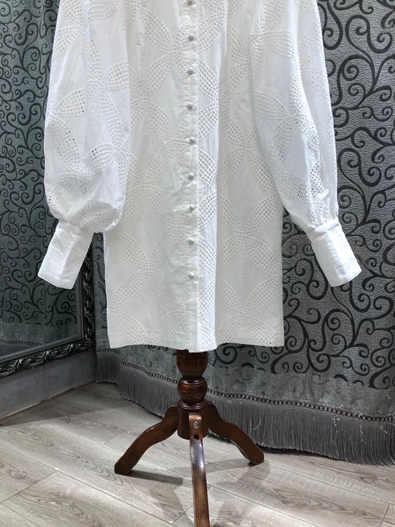 

Long New Arrival Shirt Dress 2021 Spring Summer High Quality Clothing Women Turn-down Collar Hollow Out Embroidery Dress Button