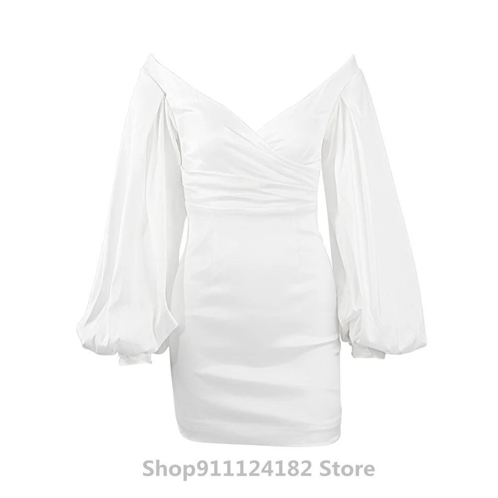 

Women's Bubble Lantern Long Sleeve V Sexy Card Shoulder High Waist European and American Hot Style Slim Short Skirt Female Dress