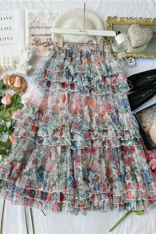

Fashion Dream Floral Flounce Cake Skirts 2021 Summer New High Waist Slimming Mid-Length Women Skirt Elegant Feminine Skirt