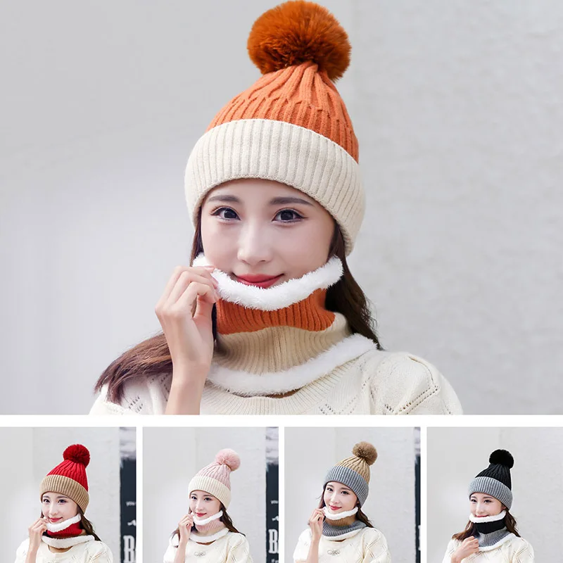 

Winter Knitted Beanies With Pom pom Hat Women Cycling Windproof Neck Warm Knit Bonnet Thick Skullies Bib Female Hedging Cap Sets