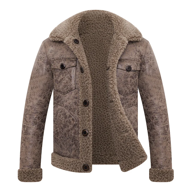 

Wear On 2 Sides Granular Wool Fur Sheep Lapel Short Men's Warm Jacket Outdoor Tactical Riding Training Motorcycle Fleece Coat