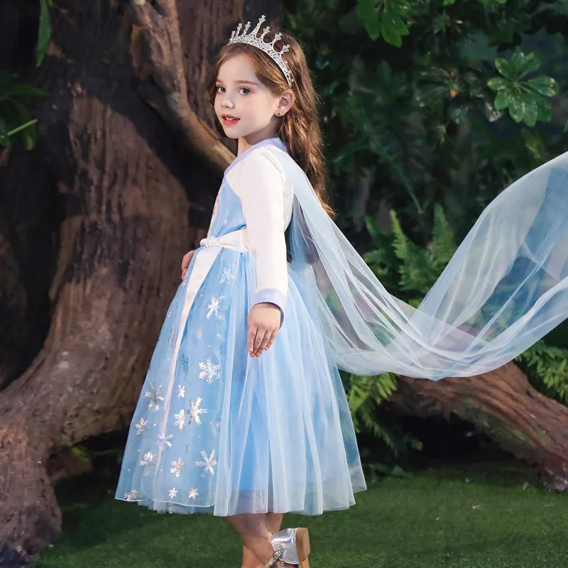 BlueFullSleeveCloak Новинка г.; платья принцессы Эльзы для девочек; зимнее платье для маленьких детей на Рождество, день рождения, вечеринку; одежда для костюмированной вечеринки с героями мультфильмов для подростков; Vestido - Цвет: BlueFullSleeveCloak