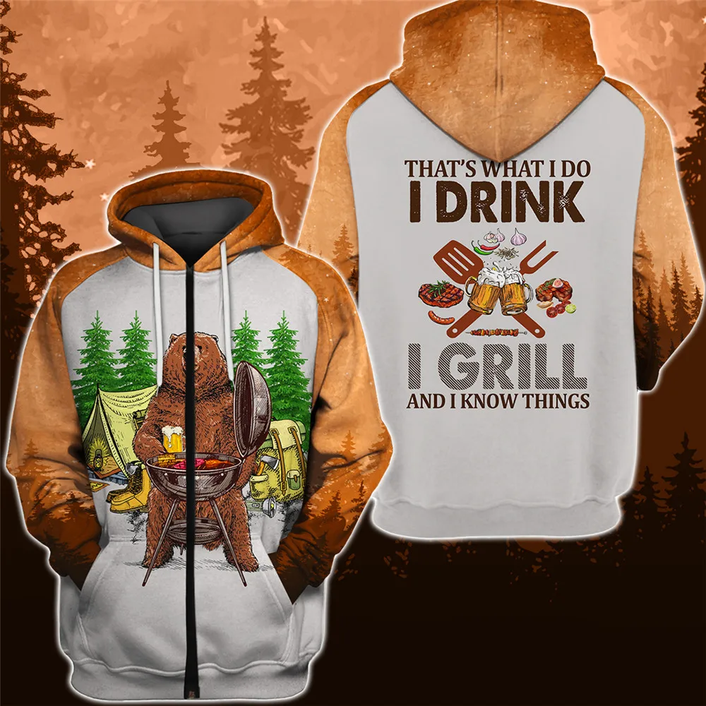 

Outdoor barbecue bear camping tent printing casual 3d zipper hoodie